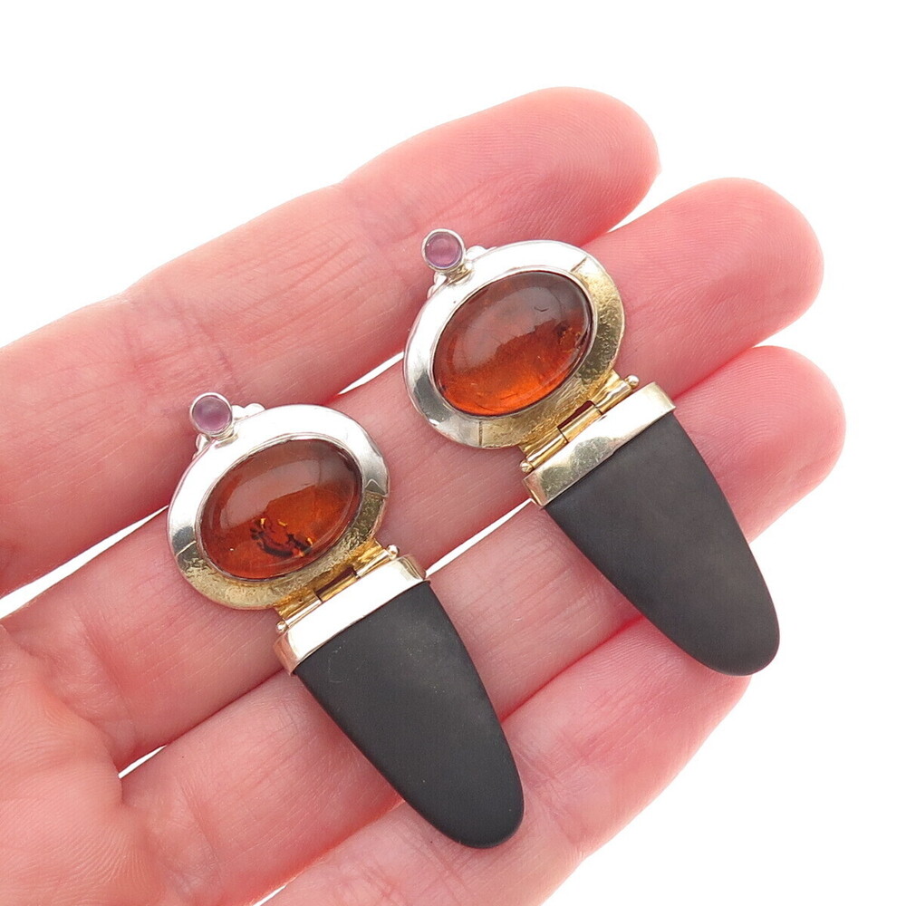 Michou 925 Sterling Silver 2-Tone Vintage Real Amber Amethyst Obsidian Earrings